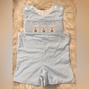Remember Nguyen Blue Striped Short-all with Easter Bunny Embroidery
